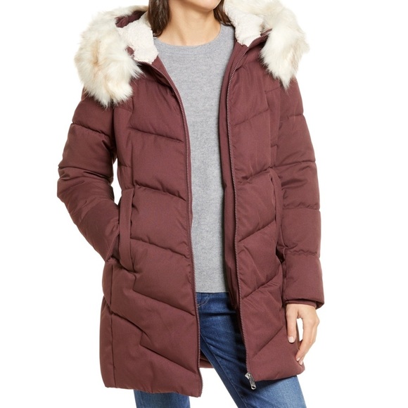 nwt $240 Sam Edelman Faux Fur Trim Hooded Parka Quilted Puffer Coat Burgundy XS - Picture 9 of 16